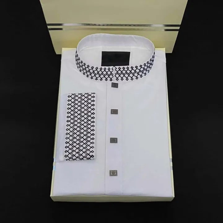 White Punjabi with Chest Contrast - Soft Cotton - Brand New Design for Men